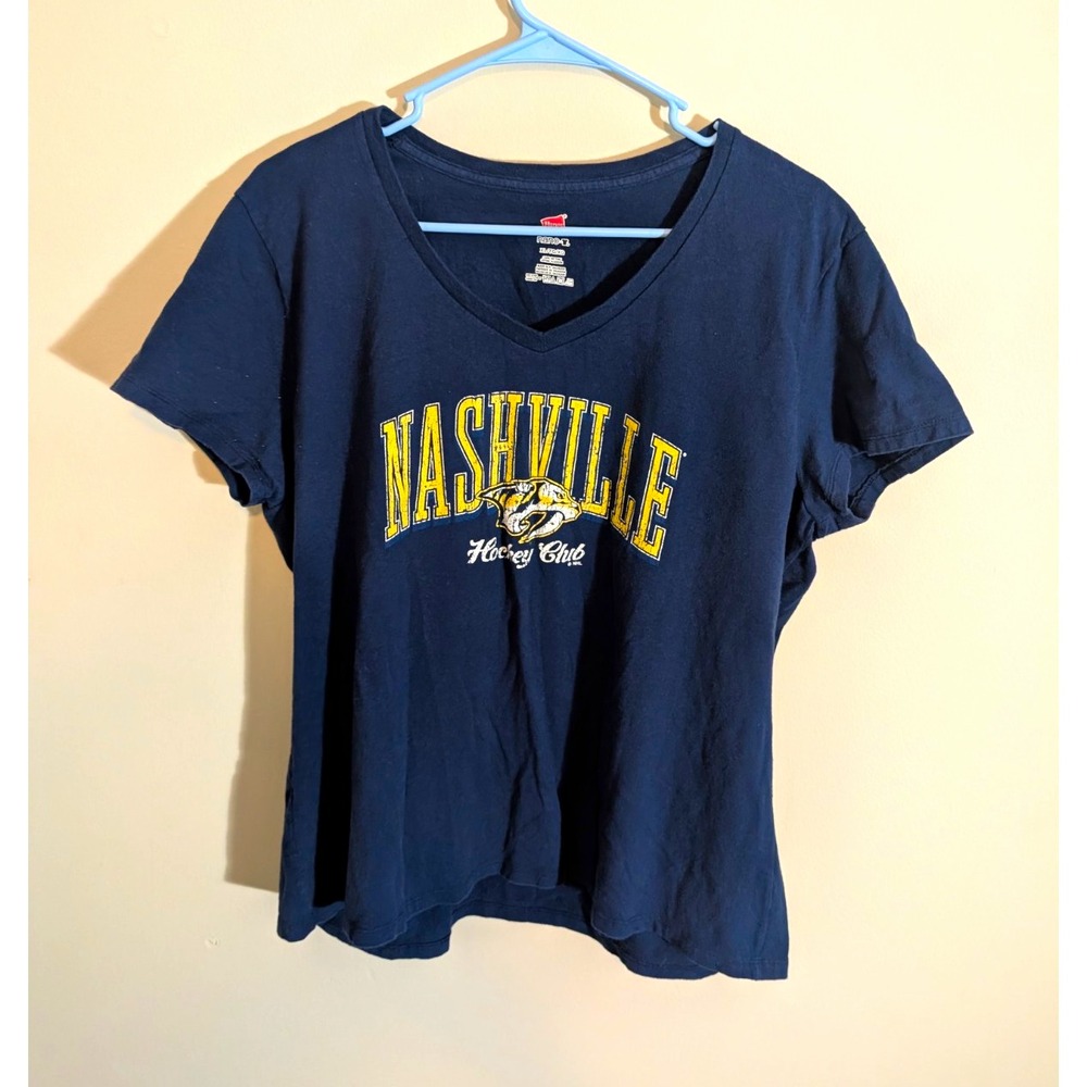 Hanes Nano-T T-Shirt Women's XL Navy Nashville Hockey Club Graphic V-Neck Cotton